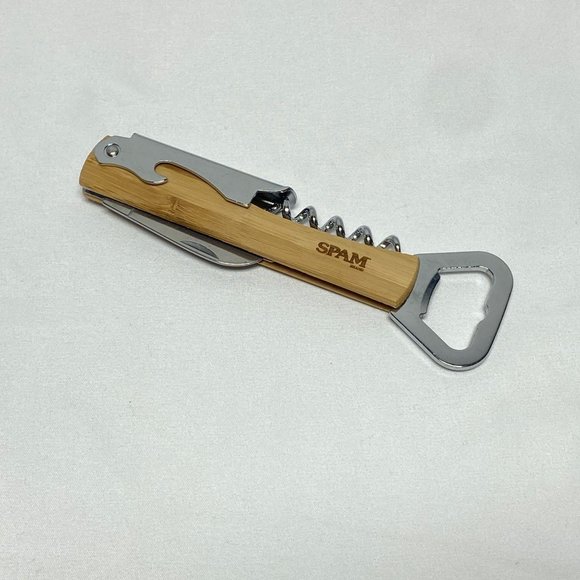 Set of 2  Spam Advertising Wood Metal Keychain Bottle Opener and Multi Tool - Picture 6 of 11